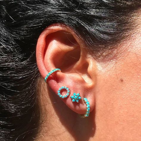 Turquoise Gemstone Pavé 14K Solid Gold Thick Huggie Hinged | Etsy Simple Turquoise Jewelry, Helix Hoop Earrings, Turquoise Dangle Earrings, Turquoise Earring, Western Piercings, Western Ear Piercing Ideas, Western Ear Piercings, Turquoise And Gold Jewelry, Western Helix Earrings