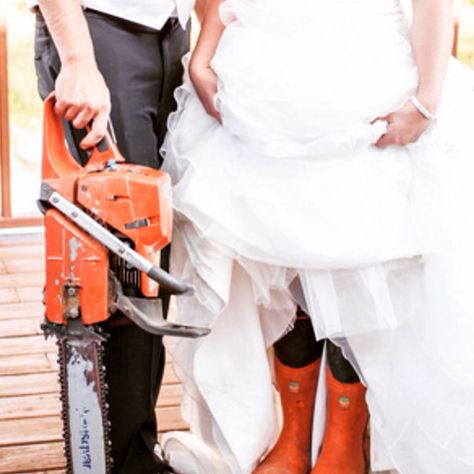 A loggers wife Logger Themed Wedding, Tree Logger Tattoo, Loggers Wife, Lumber Jack Couples Costumes, Wedding Photo Ideas Firefighter, Wedding Photos With Tractor, Plaid Wedding, Rusting Wedding, Proud Wife