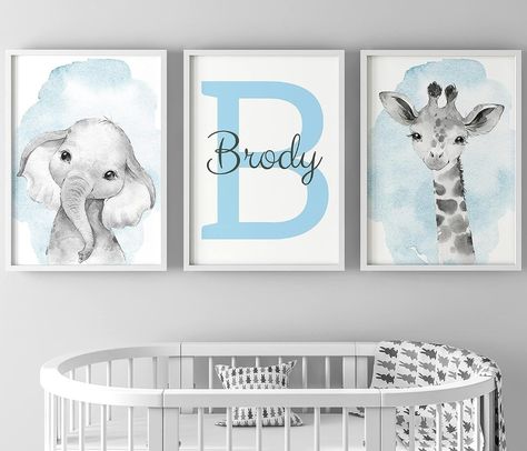 Safari Animals Boys Nursery Bedroom Prints Set of 3, Personalised Name Unframed Watercolour Splash Wall Art Decor Gift Present in Grey Blue Yellow Green (A4) Safari Animal Wall Art, Elephant Wall Decor, Boy Girl Nursery, Nursery Prints Boy, Safari Animals Nursery, Nursery Art Boy, Boys Nursery, Cute Tigers, Safari Nursery