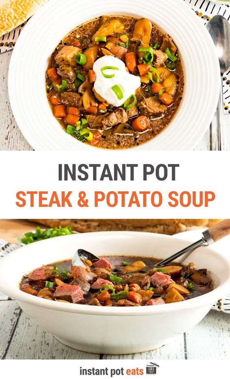 This Instant Pot steak and potato soup has all the comfort feels and flavors of a proper rustic meal the whole family can enjoy. Taking that humble combo of beef steak and potatoes and turning it into a hearty soup, makes this pressure cooker recipe perfect for fall and winter. Bonus, it's very nutritious and can be made with a variety of meat cuts and vegetables. Steak And Potatoes Soup, Steak Potato Soup, Instant Pot Steak, Steak And Potato Soup, Potatoes Soup, Steak Soup, Steak And Potatoes, Sweet Potato Soup Recipes, Steak Potatoes