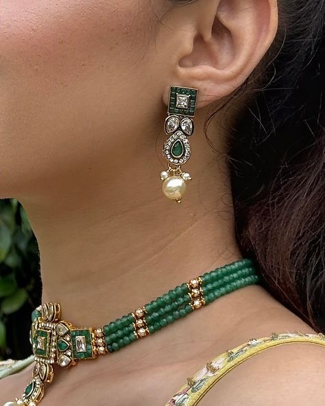 ✨ Kundan Green Majesty ✨ Elevate your style with this stunning Kundan green stone beaded choker and matching earrings set. The intricate Kundan work paired with elegant green stones and a golden touch makes it the perfect statement piece for festive occasions and weddings. 💚✨ #ShivanshriJewelry #KundanElegance #FestiveGlam #TraditionalJewelry Kundan Work, Green Stones, Traditional Jewelry, Beaded Choker, Green Stone, Elevate Your Style, Earrings Set, Matching Earrings, Stone Beads