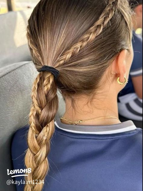 Simple Basketball Hairstyles, Cute Soccer Hairstyles With Pre Wrap, Low Volleyball Hairstyles, Sport Picture Hairstyles, Girls Volleyball Hairstyles, Girls Lacrosse Hairstyles, Rugby Hairstyles Women, Volleyball Practice Hairstyles, Vball Practice Hairstyles