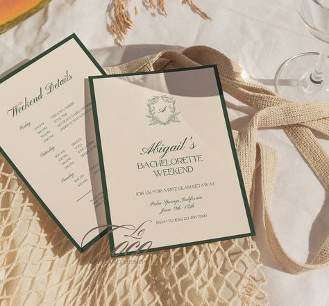 "Invite your girls/bridesmaids to your Bachelorette Weekend with this Trendy Old Money Green Aesthetic Bachelorette Weekend Itinerary Template. This template features a classic Serif and Cursive font and a trendy red and pink combination. This trendy design pairs beautifully with many color palettes. You can easily edit all of the wording, the fonts, font colors and background colors to better match your color scheme. This template includes 2 pages- invitation and itinerary. All you need is a FREE Canva account to edit. Print from home, online print shop or local print shop. No need to download any software or fonts.  Print now or save to your phone or computer and send immediately through text or email After your purchase, you will instantly receive a PDF with instructions on how to acces Old Money Green Aesthetic, Green Bachelorette Theme, Money Green Aesthetic, Old Money Invitation, Old Money Bachelorette, Old Money Bachelorette Party, Money Aesthetic Green, Old Money Wedding Invitations, Old Money Design