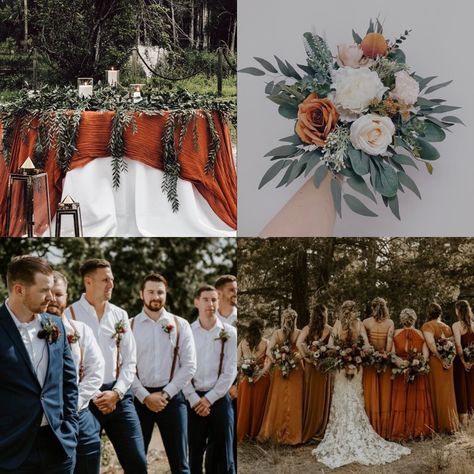 Rust And Navy Groomsmen Attire, Burnt Orange And Blue Flower Arrangements, Rust Wedding Attire, Navy Rust Sage Wedding, Fall Color Palette Wedding Groomsmen, Teal And Rust Groomsmen, Rust Wedding Party Attire, Fall Wedding Colors Bridesmaids And Groomsmen, Navy And Terracotta Wedding Party