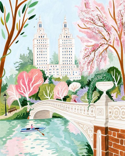 Happy 1st Day of Spring 🌷 Thought I’d celebrate by painting the iconic Bow Bridge nestled amidst the spring beauty of Central Park, New… | Instagram Amber Davenport, Happy 1st Day Of Spring, 1st Day Of Spring, Travel Barcelona, Posters Wall Art, Wall Art Picture, Spring Beauty, Posters Wall, 1st Day