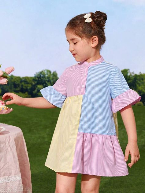 SHEIN Kids EVRYDAY Toddler Girls Striped Print Colorblock Flounce Sleeve Ruffle Hem Smock Dress | SHEIN USA Куклы American Girl, Kids Dress Collection, Kids Wear Girls, Shein Kids, Kids Dress Wear, Baby Dress Design, Kids Fashion Dress