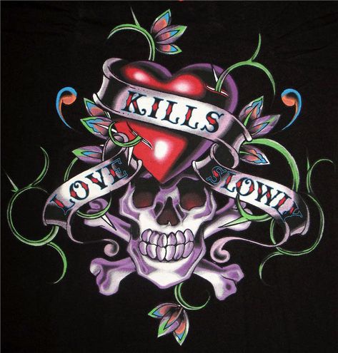 Ed Hardy; Love kills slowly. Men Rib Tattoo, Ed Hardy Aesthetic, Skull Pics, 2000s Photoshoot, Ed Hardy Tattoos, Ed Hardy Designs, Love Kills Slowly, Bike Artwork, Alcohol Ink Glass