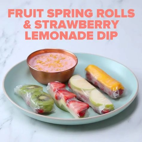 31 Snack Ideas For Kids That Even Adults Will Love Lemonade Dip, Fruit Spring Rolls, Cinnamon Apple Chips Baked, Yogurt Strawberry, Berry Fruit Salad, Cinnamon Apple Chips, Veggie Spring Rolls, Aesthetic Strawberry, Kiwi Strawberry