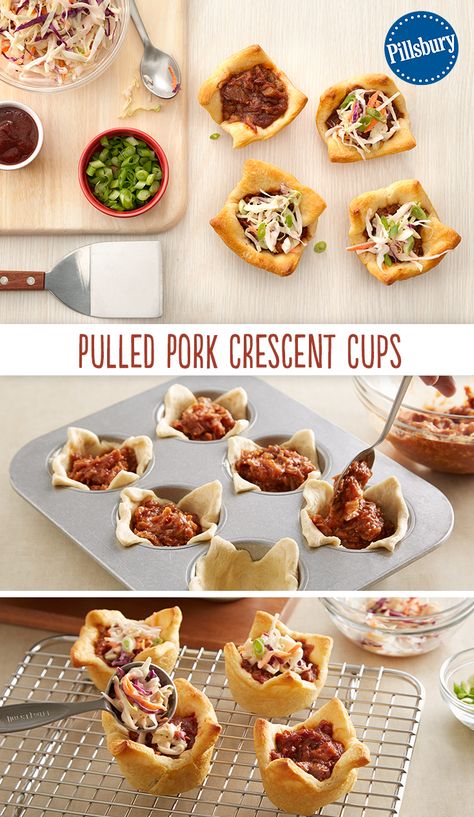 More conversation, less grumbling around the dinner table when you serve these Pulled Pork Crescent Cups! A super fun and easy weeknight dinner recipe that is kid-friendly! You can choose which toppings to add to your liking. Pulled Pork Cups, Crescent Roll Pulled Pork, Pulled Pork Crossaint Rolls, Pulled Pork Bites, Pulled Pork Crescent Roll Recipes, Pulled Pork Wontons, Pulled Pork Crescent Rolls, Wonton Meals, Pulled Pork Appetizers