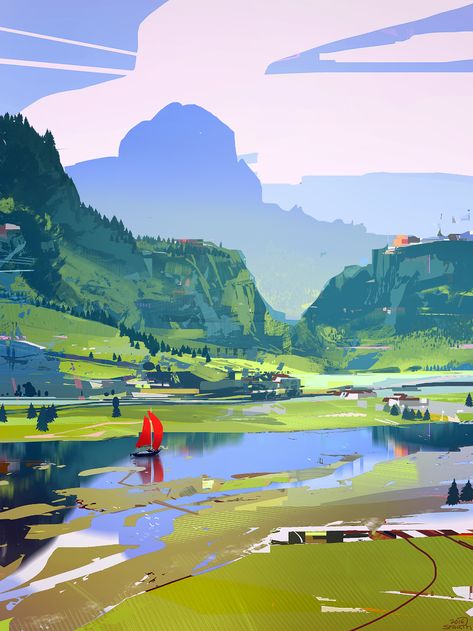 ArtStation - River, sparth Illustration Noel, 다크 판타지, Lukisan Cat Air, Arte Inspo, Landscape Illustration, Hayao Miyazaki, Environment Design, 판타지 아트, Environment Concept Art