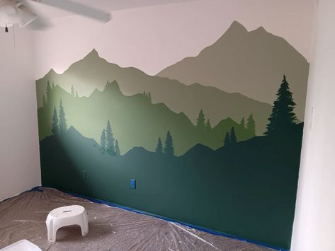 Nursery Ideas National Parks, Outdoor Bedroom Theme, National Park Nursery Boy, Baby Boy Nursery Outdoor Theme, Painted Mountains On Wall, National Park Nursery Theme, National Park Room, Forest Boys Room, Outdoor Theme Bedroom