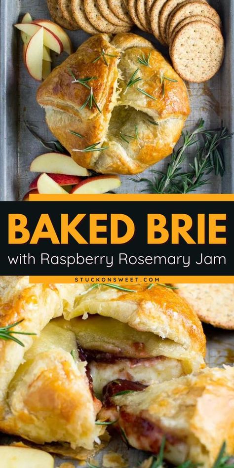 You're going to love this baked brie! Topped with raspberry rosemary jam and baked in puff pastry, this brie cheese is such a delicious snack recipe. Check out what to serve with this easy appetizer for a party! Brie Cheese Dessert Recipes, Brie With Puff Pastry, Baked Brie Recipes Puff Pastry, Brie Cheese Recipes Baked, Brie Bites Puff Pastry, Baked Brie Puff Pastry, Rosemary Jam, Cheese Dessert Recipes, Baked Brie With Jam