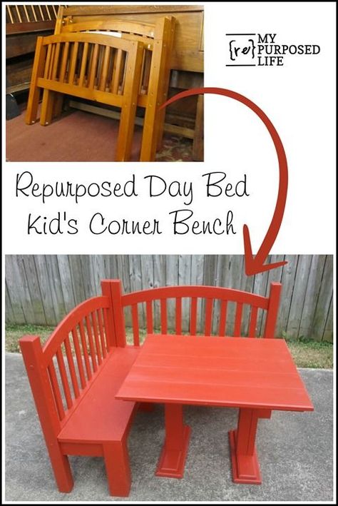 day bed repurposed into a kids corner bench for the kitchen or playroom MyRepurposedLife.com Diy Kids Table, Corner Bench, Woodworking For Kids, Table Bench, Kids Table, Corner Table, Day Bed, Furniture Renovation, Woodworking Bench