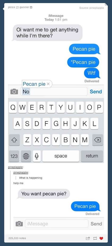 The time they pranked their friend by replacing "no" with "pecan pie" in their autocorrect. | 32 Times Tumblr Was Too Clever For Its Own Good Pie Pecan, Auto Correct, Can't Stop Laughing, Have A Laugh, Pecan Pie, Funny Text Messages, Laughter Is The Best Medicine, Made Me Laugh, Laughing So Hard