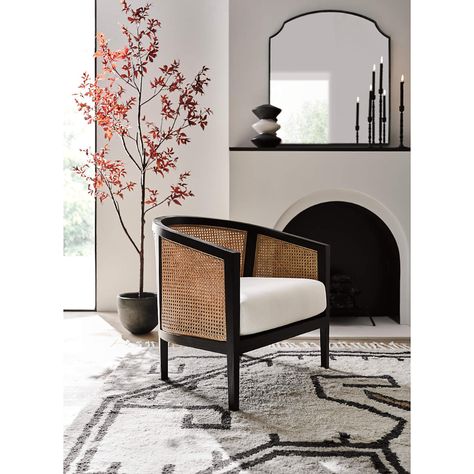 Ankara Black Cane Chair with Ivory Cushion | Crate & Barrel Black Floor Mirror, Black Wall Mirror, Swivel Chair Living Room, Cane Chair, Black Floor, Copper Wall, Taper Candle Holders, Comfy Chairs, Black Wall