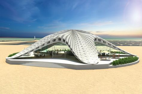 20 A’ Design Award winning buildings that make us drool! | Yanko Design Beach Building Architecture, Shell Design Architecture, Gcse Architecture, Structural Architecture, Hotel Interior Bedroom, Mediterranean Hotel, Bio Architecture, Beach Farm, Beach Architecture