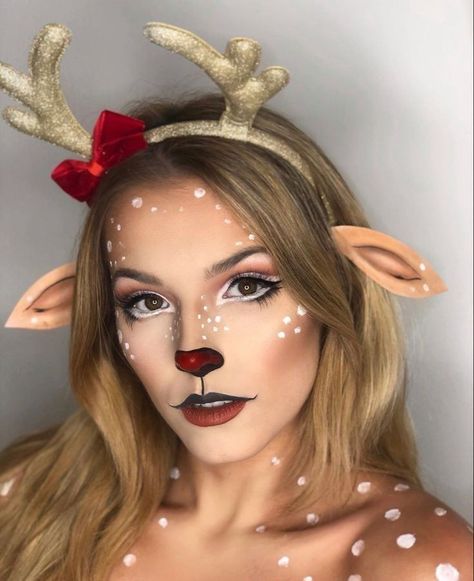 Reindeer Makeup Simple, Rudolph Makeup, Makeup Full Face, Reindeer Makeup, Christmas Party Makeup, Xmas Makeup, Deer Makeup, Christmas Eye Makeup, 20 Makeup