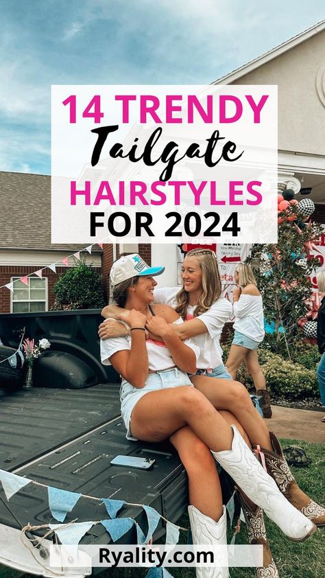 ooooooh love these cute and easy gameday hairstyles Football Game Makeup College, Cute Hairstyles For Football Games Easy, Sports Game Hairstyles, College Football Game Day Hair, College Football Game Hairstyles, Cute Game Day Hairstyles Football, Fun Game Day Hairstyles, Tailgating Hairstyles, Hockey Game Hairstyles