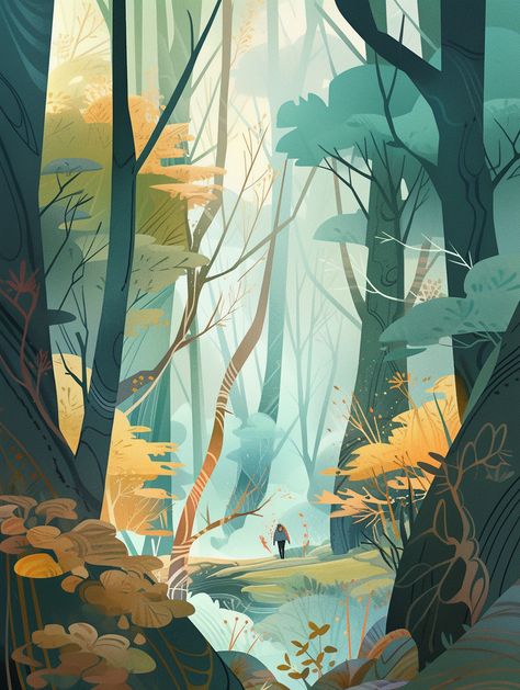 Forest Floor Illustration, Forest Aesthetic Painting, Depth Illustration, Forest Background Illustration, Woods Illustration, Robin Illustration, Landscape Drawing Tutorial, Misty Woods, Adventure Forest