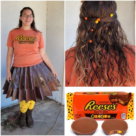 Reese's peanut butter cup costume 3 picture collage
1st picture: Reese's pieces scattered in midlength wavy brown hair. Reese's pieces stud earrings. Orange Reese's peanut butter cup tshirt. Brown duct tape 2 layered skirt that looks like the cups for reese's. Yellow leggings with brown and orange polka dots. Brown lace up boots. 
2nd picture: A back view of brown hair decorated with reese's pieces. 3rd picture: "reese's stuffed with pieces" wrapper to show the inspiration for the costume. Peanut Butter Costume, Reeses Peanut Butter Cup Costume, Peanut Butter Costume Diy, Reese’s Halloween Costume, Butter Costume, Reese’s Cups, Reese’s Peanut Butter Cup Birthday Cake, Giant Reese’s Peanut Butter Cup, Diy Halloween Candy