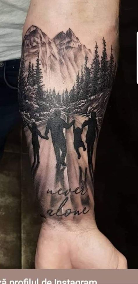 Outdoorsman Memorial Tattoo, Silhouette Tattoos Family, Half Leg Sleeve Tattoo Calf, Adventure Tattoo Men, Tattoos For Wife, Family Sleeve Tattoo For Men, Kids Tattoo For Dad, Family Tattoos For Men Forearm, Country Tattoos For Men