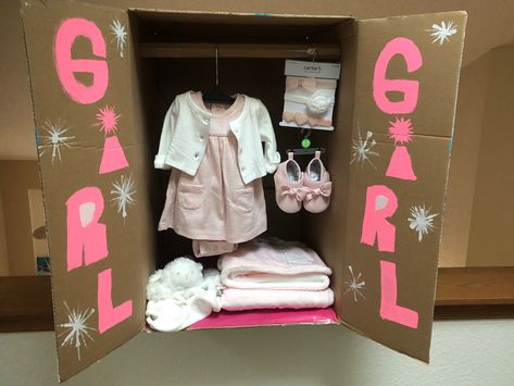 Gender Reveal Box With Clothes, Gender Closet Reveal, Gender Reveal With Closet, Gender Reveal Ideas Closet, Gender Reveal Wardrobe Idea, Small Gender Reveal Ideas Diy, Mini Gender Reveal Ideas, Gender Reveal Box Ideas Diy, Gender Reveal Clothes Ideas