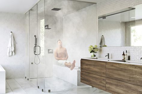 Steam Showers Bathroom Master Bath, Home Steam Room, Steam Shower Units, Steam Room Shower, Sauna Shower, Mcm House, Architecture Bathroom, Steam Bath, Wall Panel Design