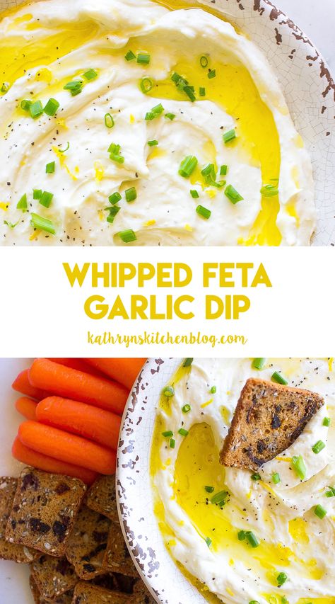 Whipped Feta With Garlic, Garlic Feta Dip Recipes, Dips And Appetizers Recipes, Delicious Dip Recipes, Healthy Feta Dip, Garlic Whipped Feta Dip, Healthy Homemade Dips, Easy Whipped Feta Dip, Food Processor Dips