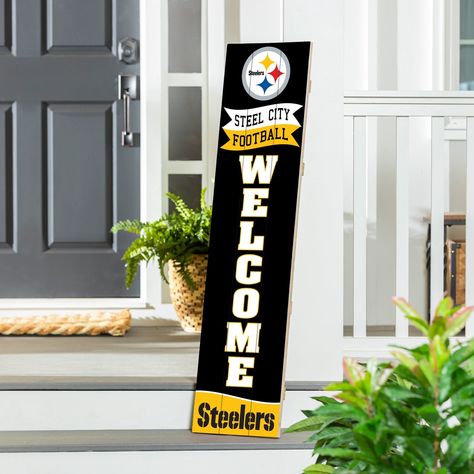 Football Wood Signs Diy, Steelers Porch Sign, Pittsburgh Steelers Man Cave, Steelers Decor, Porch Sitters, Pittsburgh Steelers Crafts, Steelers Sign, Steelers Gifts, Sports Ideas