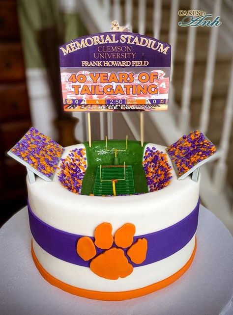 Cakes by Anh - Birthday cake for a Clemson fan. | Facebook Clemson Cake Ideas, Clemson Grooms Cake, Clemson Cake, Clemson Stadium, Rehearsal Dinner Cake, Clemson Fans, Grooms Cake, Rehearsal Dinner, Rehearsal Dinners