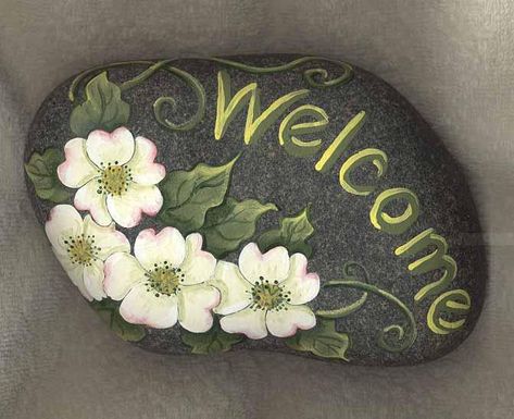 welcome rock Flower Text, Rock Flowers, 3d Diamond, Art Pierre, Painted Rocks Diy, Rock Painting Ideas Easy, Rock Painting Patterns, Painting Flower, Paint Rock