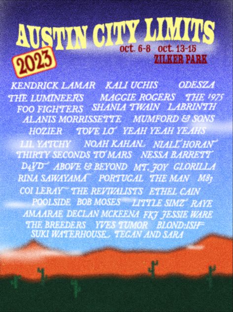 Austin City Limits Poster, Acl Festival, Portugal The Man, Poster 2023, Jessie Ware, 2023 Poster, Zilker Park, Tegan And Sara, Austin City Limits