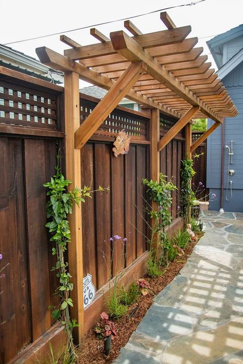 Side Yard Shade Ideas, Closing Up An Exterior Doorway, Fence For Privacy Ideas, Fence Pergola Ideas, Simple Patio Furniture, Half Arch Trellis, Trellis Ideas Front Of House, Front Yard Privacy Landscaping Curb Appeal Fence Ideas, Side Yard Pergola