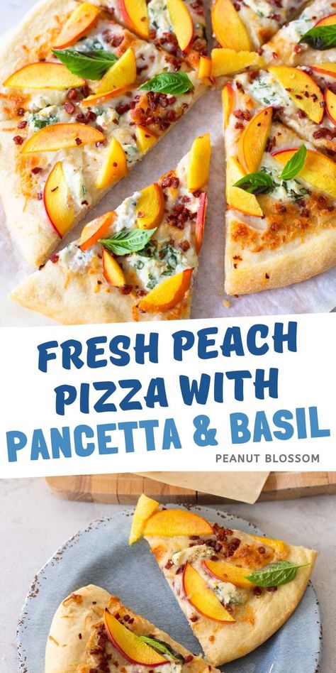 Pizza With Peaches, Peach Pizza Goat Cheese, Grilled Peach Flatbread Pizza, Peach Proscuitto Flatbread, Peach Burrata Pizza, Friday Dinners, Pizza With Goat Cheese, White Garlic Sauce, Peach Pizza