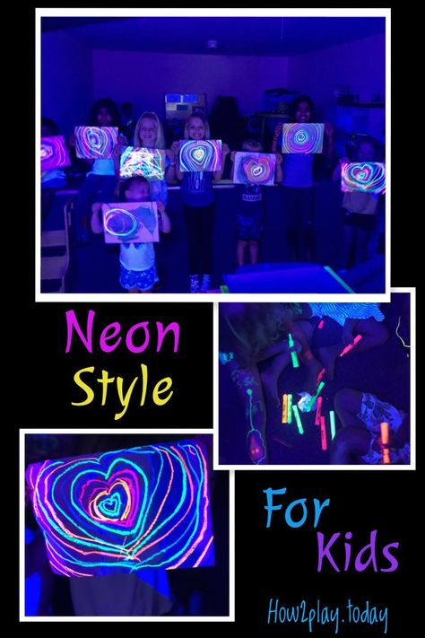 Let's explore Neon, Black lights, and anything that glows-in-the-dark!  We create and explore using Neon oil pastels, highlighters, black lights, and so much more.  Dress for the mess and a warning to parents, your children may end up fully covered in highlighters... {don't worry, it easily washes off}    Please, please, please don't stress about this mess.  This group of kiddos ranged from barely 3 years to 11 years old and everyone went home happy and stain free. Neon Preschool Activities, Glow In The Dark Elementary Art, Glow In The Dark Artwork, Glow In The Dark Art For Kids, Neon Activities For Kids, Neon Crafts For Kids, Glow Art Projects, Glow In The Dark Art Projects, Black Light Art Projects For Kids