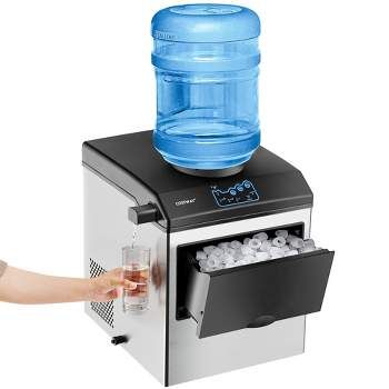 Cool you summer with our countertop ice making machine! It has a special support seat, enabling you to place 5L (max) of water bottle (not included) on the top to constantly add water into the 3.2L water tank. Directly adding water via the water inlet hole will also work. Through a Nickle Brass compressor, this ice maker can produce pure and high hardness square ice 24 pcs per cycle and 40 LBS per day. You can adjust the thickness of the ice cube by controlling the condensation time. And his ice Countertop Ice Maker, Stainless Steel Countertop, Steel Countertop, Ice Making, Ice Storage, Portable Ice Maker, Ice Maker Machine, Water Spout, Stainless Steel Countertops