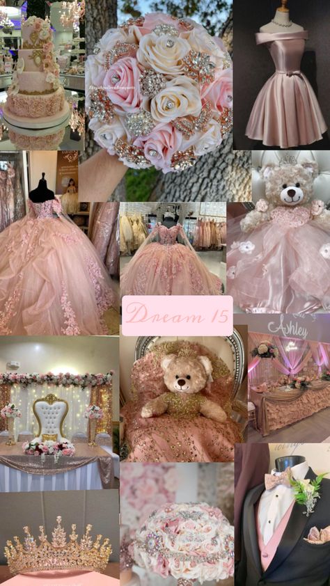 Pink And Gold Quinceanera Dress, Quinceanera Ideas Pink, Quince Dances, Cinderella Quinceanera Themes, Rose Gold Quince, Princess Sweet 16, Quinceanera Bouquet, Sweet 15 Party Ideas Quinceanera, Quince Themes