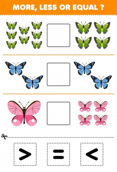 Education game for children more less or equal count the amount of cute cartoon butterfly then cut and glue cut the correct sign bug worksheet Cute Cartoon Butterfly, Alphabet Writing Practice, Kindergarten Phonics Worksheets, Games To Play With Kids, Christmas Activity Book, Pattern Activities, Cut And Glue, Cartoon Butterfly, Game For Children