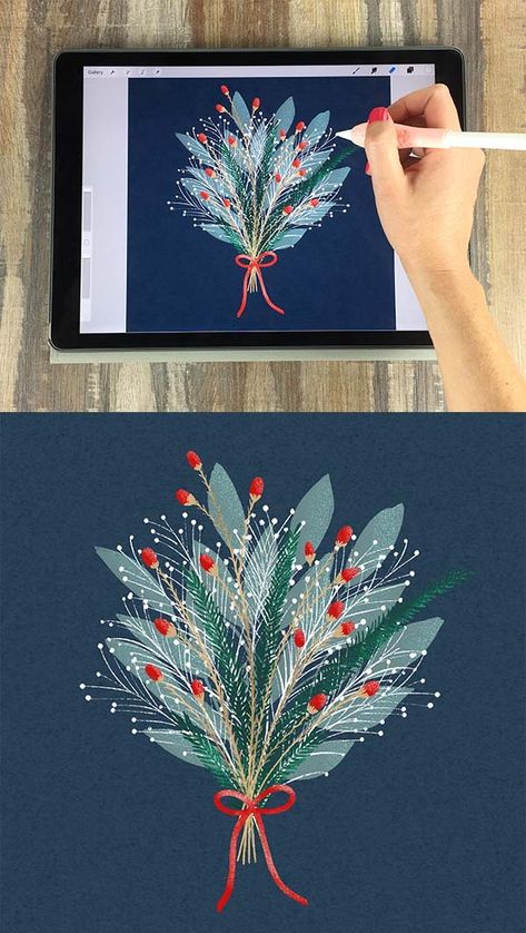 Winter Illustrations in Procreate - Learn how to create three different kinds of winter themed illustrations in Procreate + get 27 free holiday and winter themed brushes.  When you watch the class, you’ll get all of the brushes and stamps I use to create my winter illustrations, including a set of four tree brushes and two snow and fog effect brushes that you can use to fill up your canvas with wintery textures and shapes.  Free Procreate brushes + tons of iPad drawing tips! Christmas Procreate Art, Procreate Christmas Illustration, Christmas Card Procreate, Christmas Procreate Ideas, Procreate Christmas Cards, Procreate Cards, Winter Illustration Art, Christmas Procreate, Fog Effect