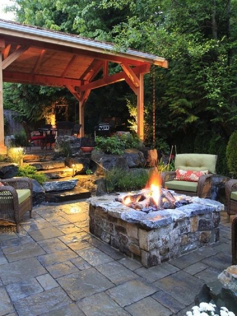 patio ideas--love the natural rock, makes me think of the pacific northwest Round Porch, Rustic Patio, Real Estat, Ideas Videos, Have Inspiration, Dream Backyard, Water Feature, Fire Pits, Outdoor Fire