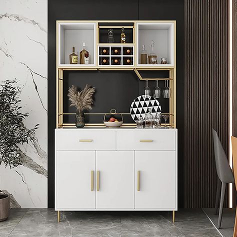 78.7" White & Gold Freestanding Cabinet & Pantry Organization with Wine Glass Holder Cabinet Pantry Organization, Freestanding Cabinet, Panel Cabinet Doors, Built In Wine Rack, Home Bar Cabinet, Wine Stand, Kitchen Glass, Wine Glass Rack, Glass Rack