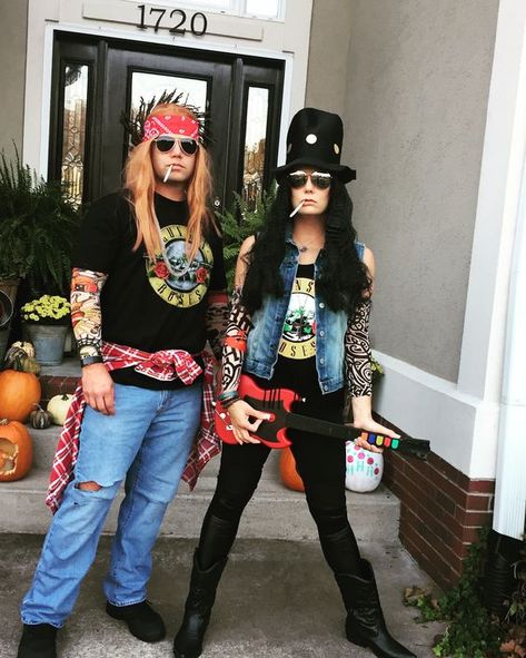 Guns-N-Roses Halloween couple costume. 80s costume ideas Sigfried And Roy Costume, Slash And Axl Costume Halloween Couples, 80s Rock Halloween Costumes, All Rose And Slash Costume, 80s Band Costume Halloween, Rock Halloween Costumes Couples, 80s Rocker Couple Costume, Glam Rock Halloween Costume, 80 Couples Costumes