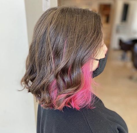 Short Pink Hair Underneath, Inside Dyed Hair, Underlayer Dyed Hair, Pink Underhair Dye, Hot Pink Underneath Hair Brown, Bottom Half Pink Hair, Underlayer Pink Hair, Short Hair With Pink Underneath, Pink Peekaboo Highlights Short Hair