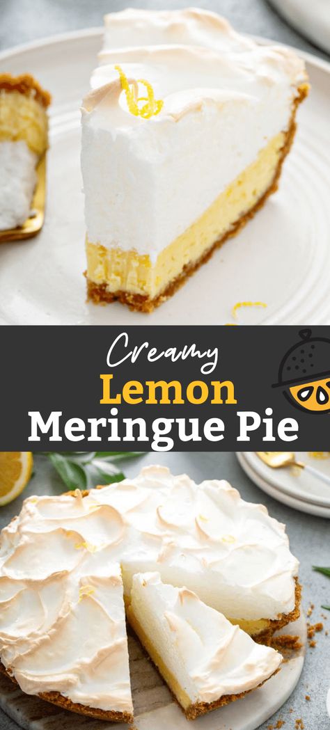 This irresistible and refreshing Lemon Pie is made with a golden buttery graham cracker crust, smooth and creamy lemon filling and a tall cloud of billowy lightly-toasted meringue. #lemonblossoms #pie #lemon #creamy #dessert #recipe Creamy Lemon Meringue Pie, Lemon Meringue Pie With Graham Crust, Lemon Meringue Pie Graham Cracker Crust, Creamy Lemon Pie, Lemon Custard Pie, Cook Desserts, Meringue Pies, Graham Cracker Crust Recipe, Southern Pies