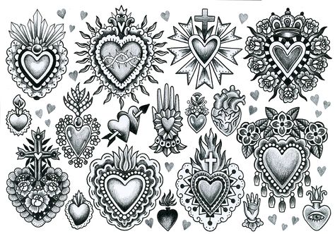 Tin Hearts, Mexican Folk Art Decor, Mexican Tattoo, American Traditional Tattoo Ideas, Sacred Heart Tattoos, Traditional Tattoo Ideas, Show Gratitude, Ask God, Heart Tattoos