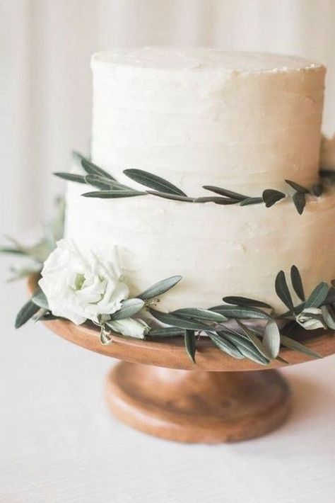 Wedding Cake With Olive Leaves, Cake With Olive Leaves, Wedding Cake Olive, Simple Elegant Wedding Cake, Summerour Studio Wedding, Affordable Wedding Decorations, Wooden Cake Stand, Summerour Studio, Gateau Baby Shower