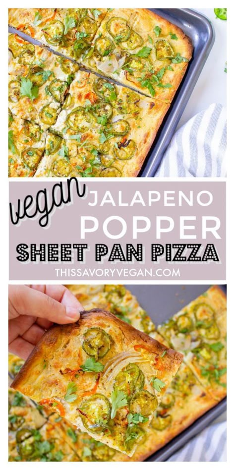 Interesting Pizza Ideas, Vegan Sheet Pan Dinners, Jalapeno Popper Pizza, Vegan Jalapeno Poppers, Vegetarian Pizza Recipe, Vegan Pizza Recipe, Vegan Party Food, Vegan Party, Jalapeno Popper