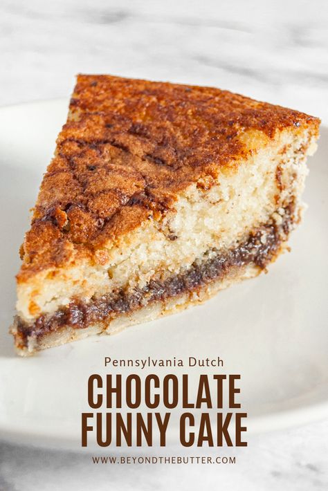 PENNSYLVANIA DUTCH CHOCOLATE FUNNY CAKE | A dessert that's part vanilla cake with a layer of ooey-gooey chocolate underneath, and it's all baked in a homemade buttery, flaky pie crust! Makes 2, 9 pies | BeyondtheButter.com | #pie #pierecipe #funnycake #pennsylvaniadutch #beyondthebutter Funny Cake Recipe Amish, Funny Cake Pie Recipe, Funny Cake Pie, Pennsylvania Dutch Funny Cake, Pennsylvania Food Recipes, Pennsylvania Dutch Funny Cake Recipe, Amish Funny Cake, Pennsylvania Dutch Recipes Desserts, Ap Cake Pennsylvania Dutch