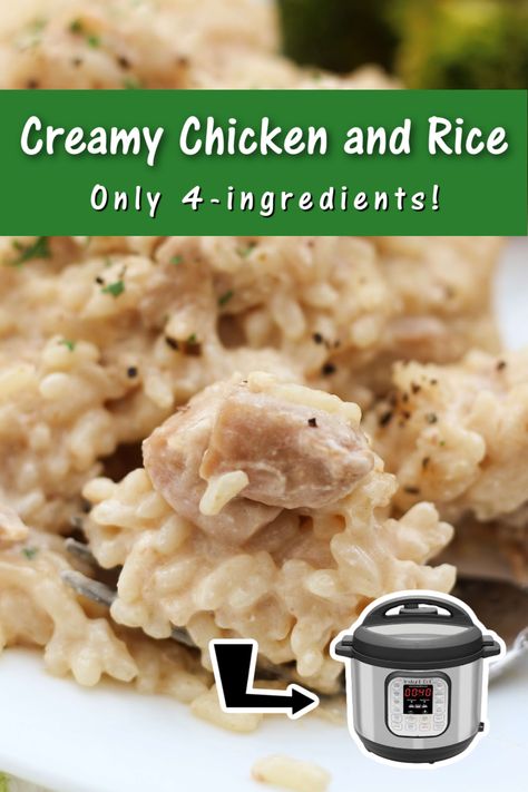 4-ingredient, dump and go chicken and rice made fast in your Instant Pot. Ip Chicken And Rice, Few Ingredient Instant Pot Meals, Instant Pot Creamy Chicken And Rice Soup, Chicken And Rice Insta Pot, Instapot Recipes For Two, Chicken And Rice In Instant Pot, 3 Ingredient Instant Pot Recipes, Instant Pot Chicken And Rice Recipes, Dump Meals Instant Pot