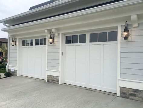 Garage lighting 2 Car Garage Doors With Windows, Single Garage Doors With Windows, White Garage Door With Windows, House With White Garage Doors, Garage Doors With Windows, Garage Door With Windows, Single Patio Door, Garage Door Lights, White Garage Doors